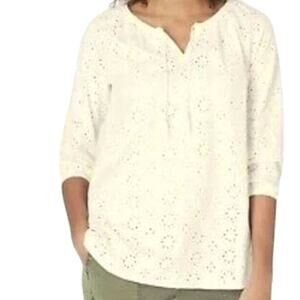 J. Jill Cream Boho Cottagecore Cotton Knit Tassel Eyelet 3/4 Sleeve Peasant Top